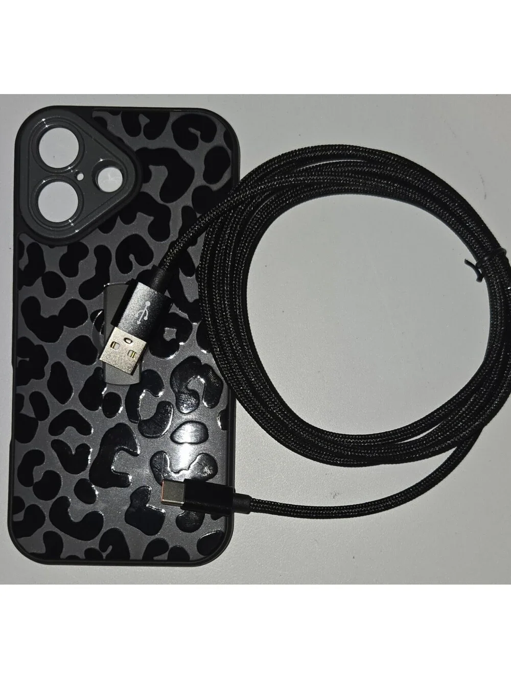 iPhone 17 Black Leopard Case Hidden Strap Stand Camera Protection Charging Cable